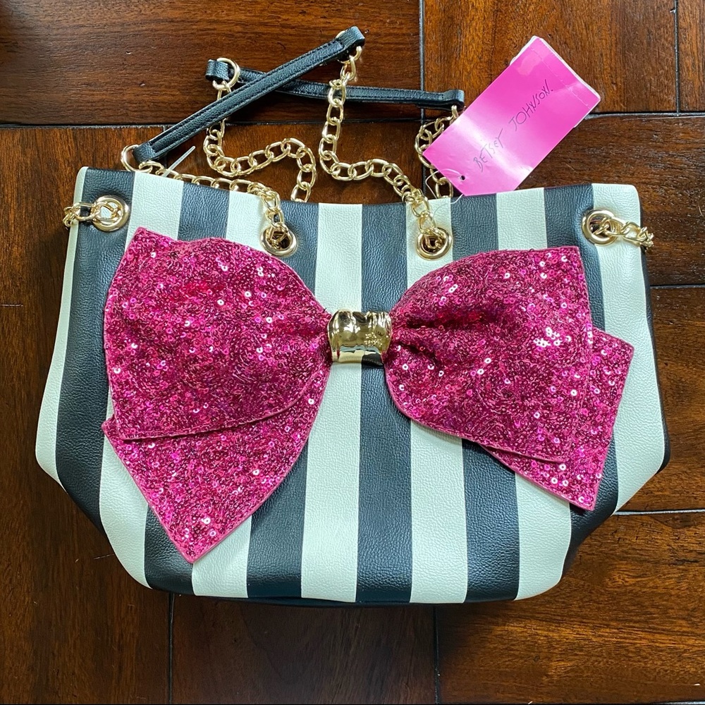 Betsey Johnson Black & White Striped Shoulder Bag with Pink Sequin Bow